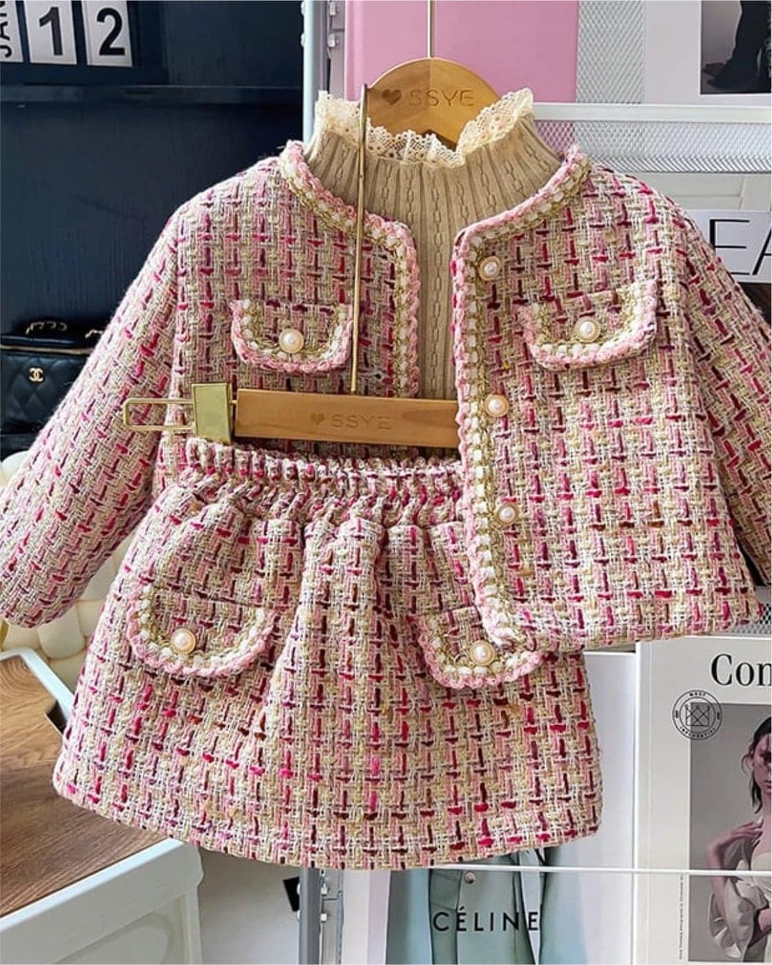 Pink Tweed Pearl Set